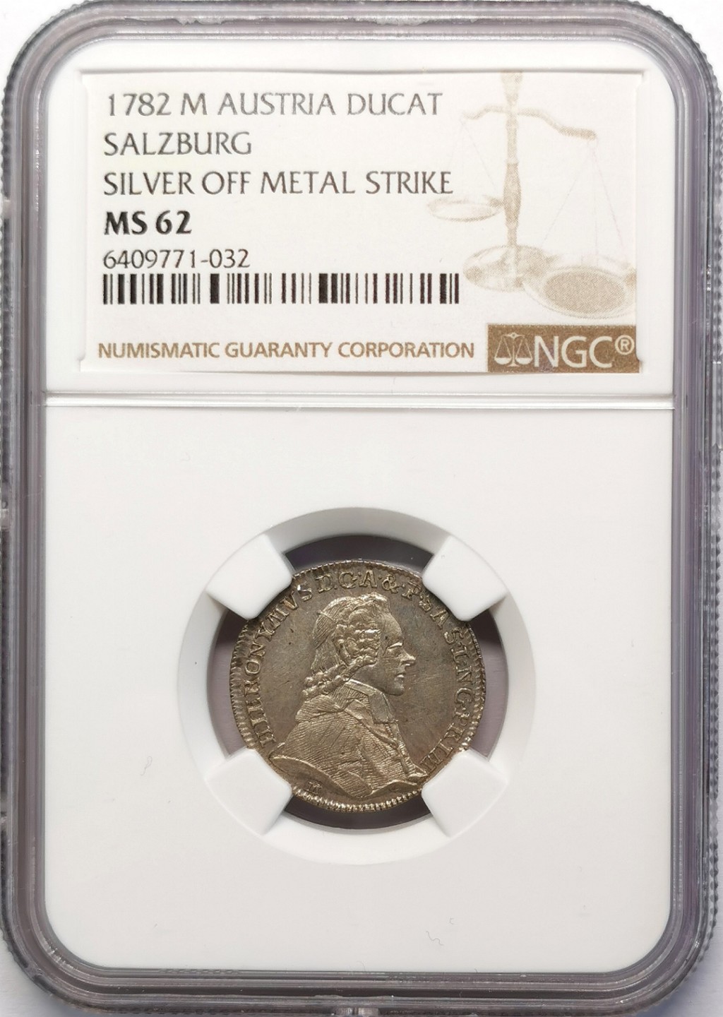 凡希社世界钱币微拍第二百十五期——德奥专场 1782萨尔茨堡主教希罗尼穆斯杜卡特金币银样NGC-MS62