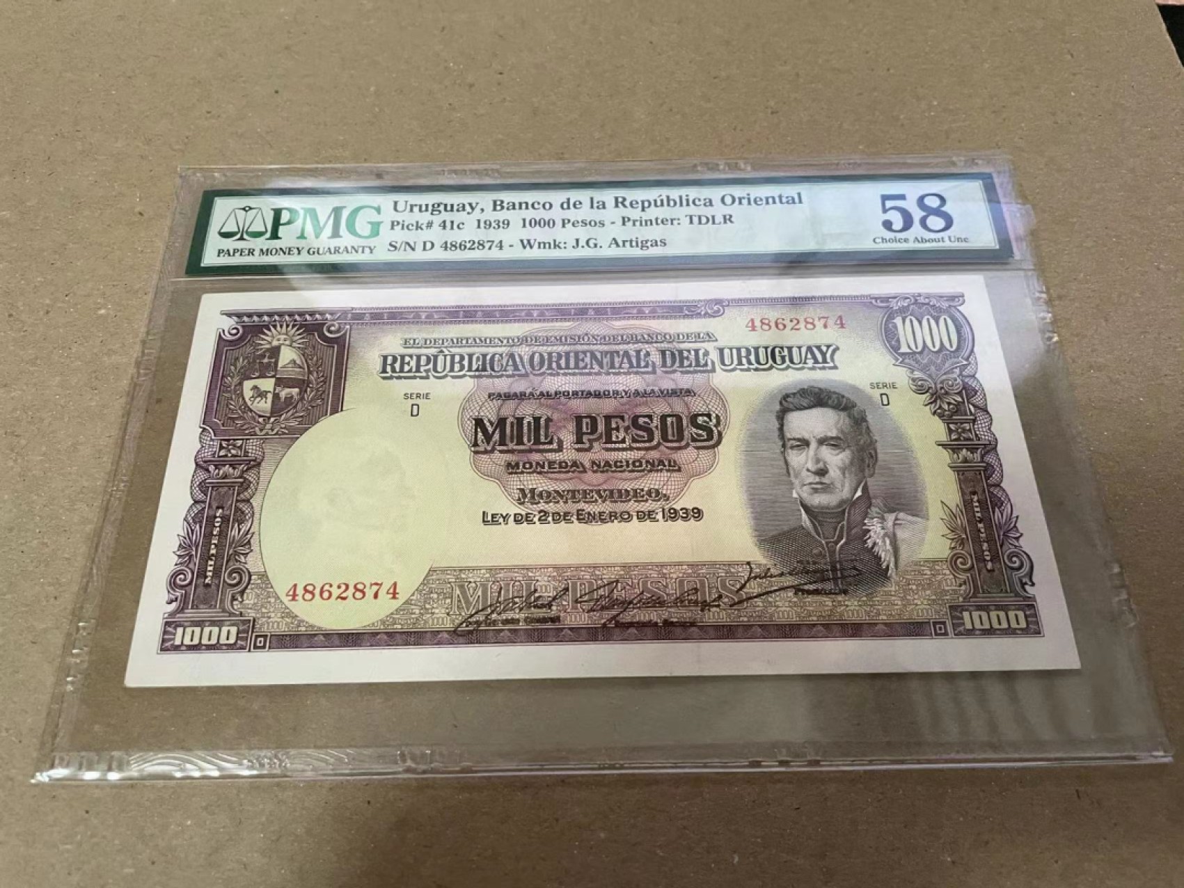 【Blue Auction】✨世界纸币精拍第235期【精】 乌拉圭 1939年1000比索 最高值 大票幅 PMG58 雕刻精美