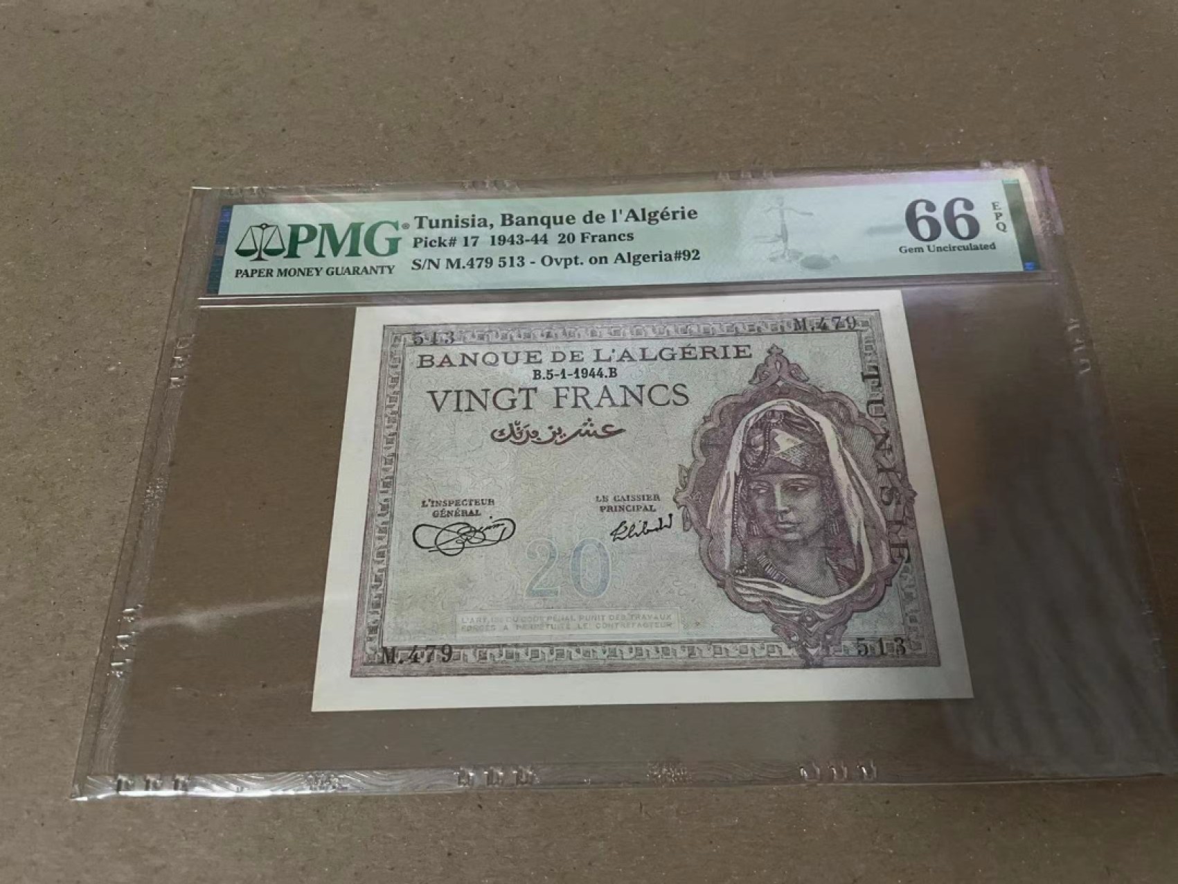 【Blue Auction】✨世界纸币精拍第235期【精】 突尼斯 1943-44年20法郎 PMG66EPQ 