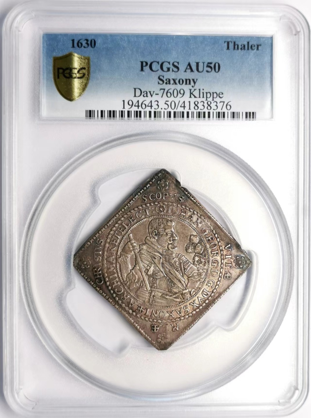 凡希社世界钱币微拍第二百十五期——德奥专场 荐！1630萨克森选侯国约翰乔治Klippe菱形泰勒大银PCGS-AU50珍稀品种！