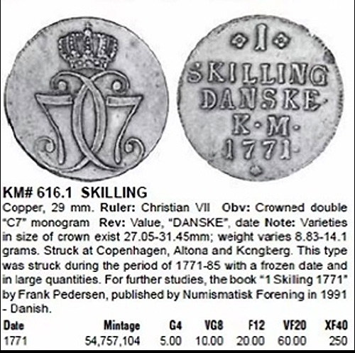 丹麦铜币,1771克里斯蒂安七世,1斯基林,29mm,11.3g,少见币,目录价XF 250美元,自打标签盒子R0433bx2x