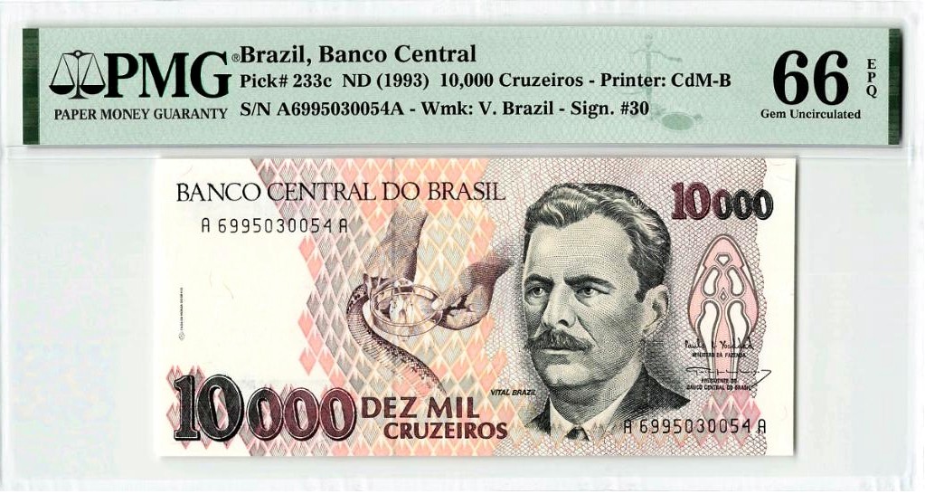【Blue Auction】✨世界纸币精拍第235期【精】 【AA冠】巴西 1993年10000克鲁塞罗 PMG66EPQ 毒蛇 
