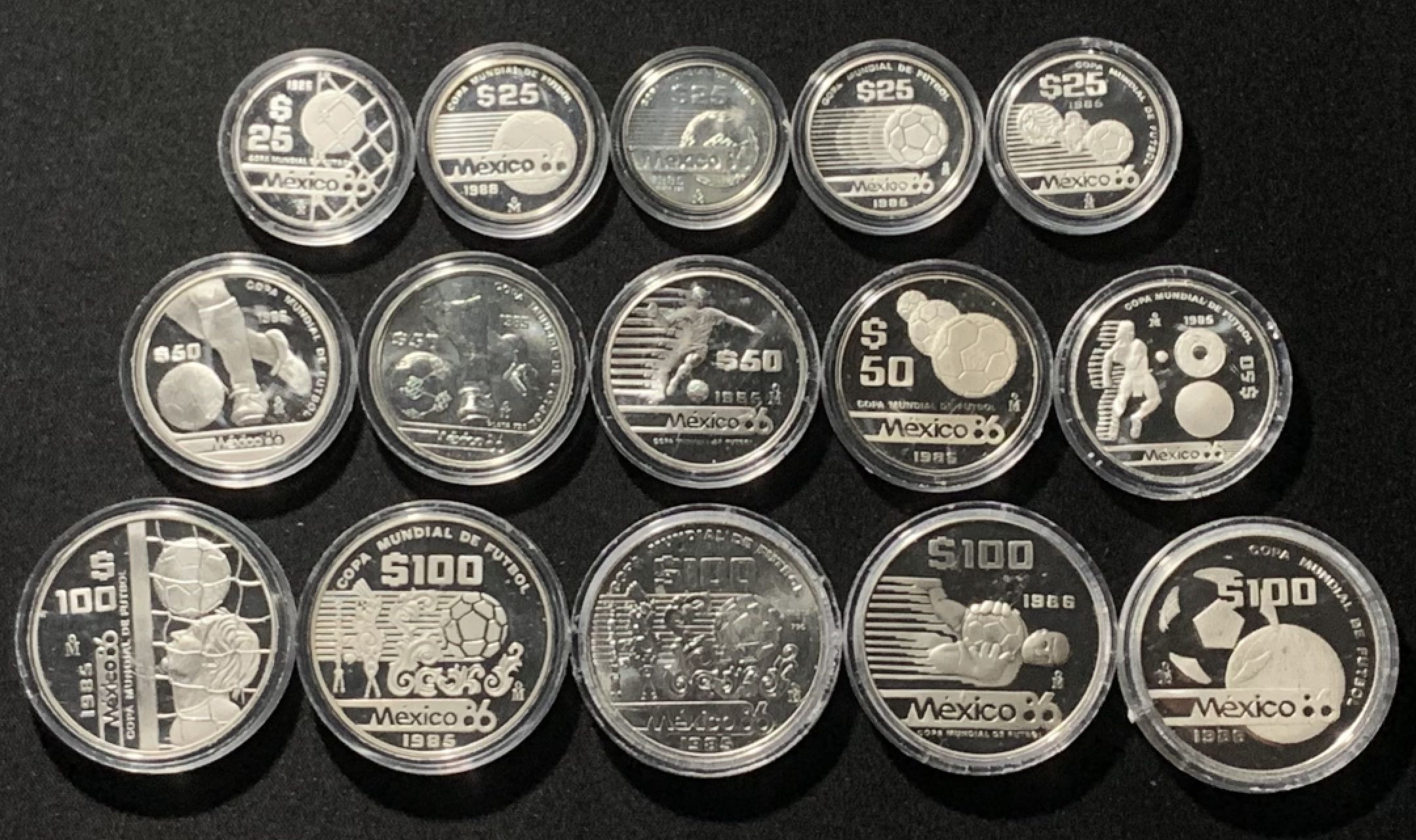 紫瑗钱币——第216期拍卖 墨西哥 1986年 墨西哥世界杯 25-50-100比索 全套15枚全 银币 大全套 少见