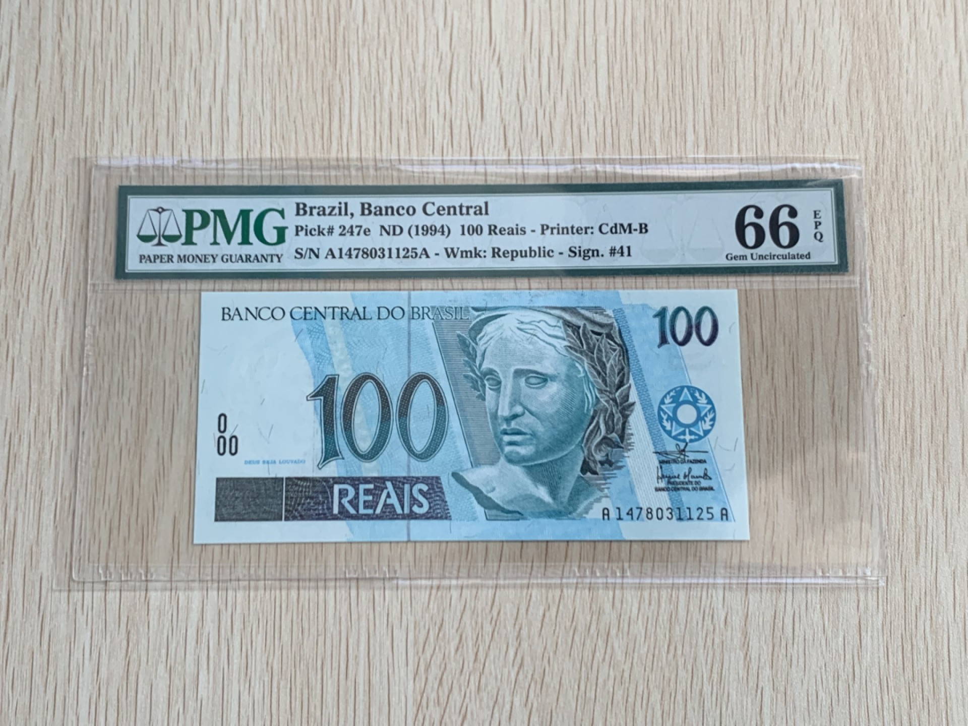 【Blue Auction】✨世界纸币精拍第235期【精】 【AA】巴西 1994年100雷亚尔 PMG66EPQ