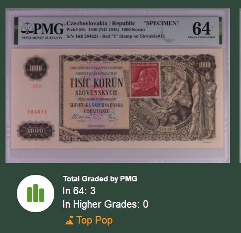 【Blue Auction】✨世界纸币精拍第235期【精】 【冠军分 仅3张】捷斯 1940年1000克朗 PMG64 样钞 p56s 大票幅精美