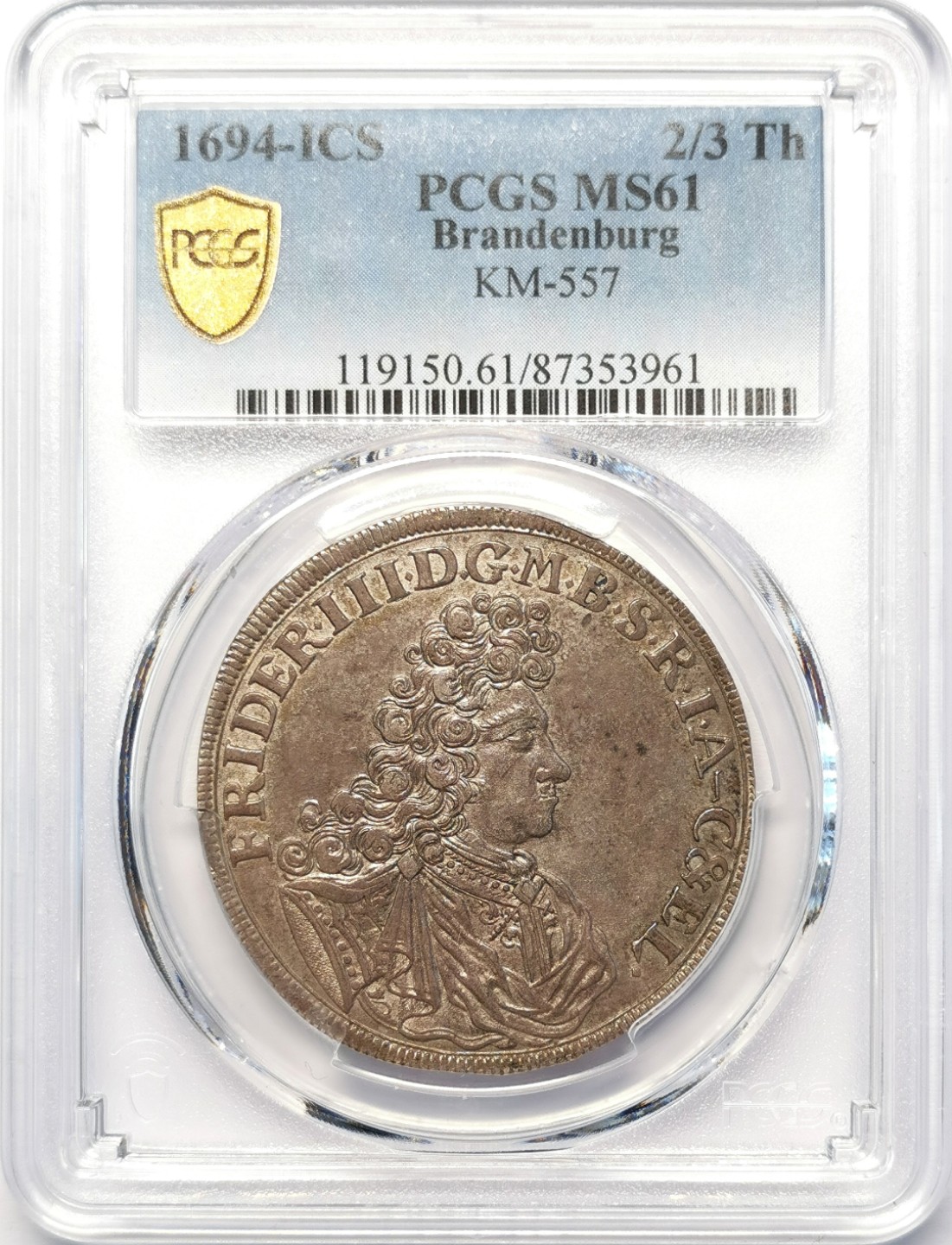 凡希社世界钱币微拍第二百十五期——德奥专场 荐！1694勃兰登堡公国腓特烈三世2/3泰勒PCGS-MS61略低评！