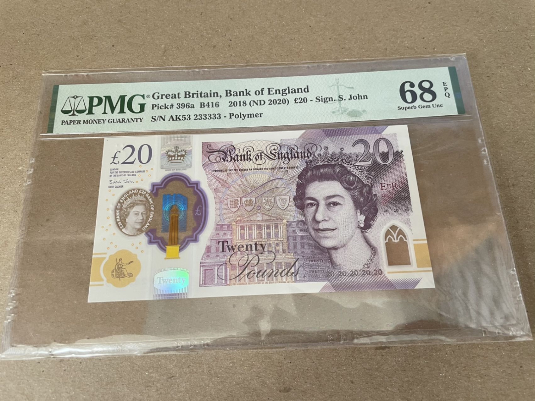 【Blue Auction】✨世界纸币精拍第235期【精】 【23333老虎号】英国 2018年20镑 PMG68EPQ 高分