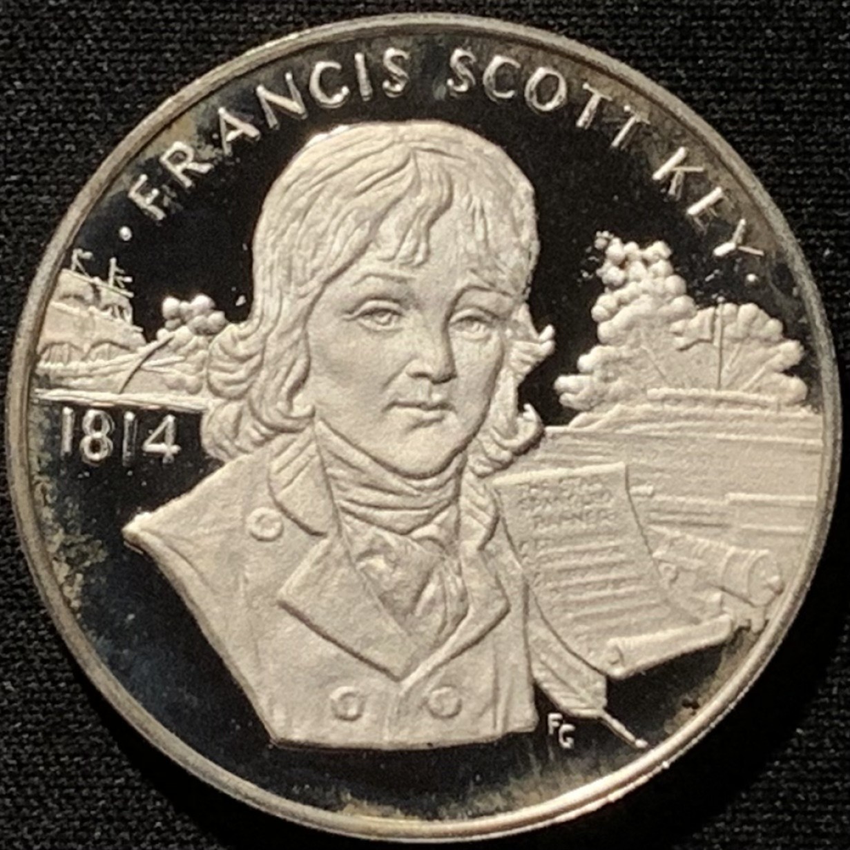 紫瑗钱币——第216期拍卖 美国 1986年 弗朗西斯·斯科特 基 银章 28.35克 0.925银 精制