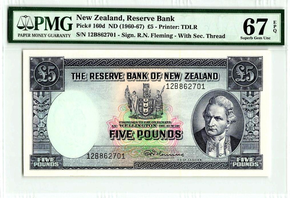 【Blue Auction】✨世界纸币精拍第235期【精】 【冠军分少见】新西兰 1960-67年5镑 PMG67EPQ 库克船长 背面风景唯美
