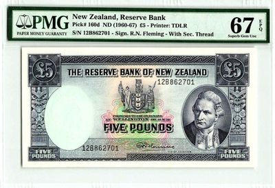 【Blue Auction】✨世界纸币精拍第235期【精】 - 【冠军分少见】新西兰 1960-67年5镑 PMG67EPQ 库克船长 背面风景唯美