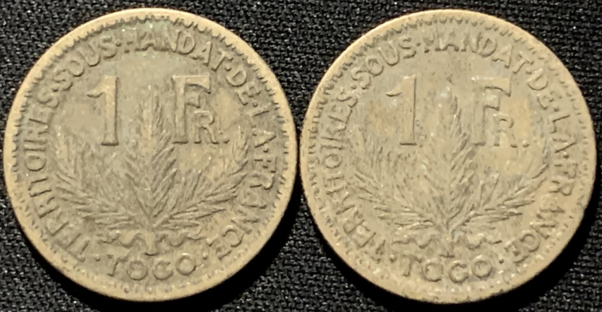 紫瑗钱币——第216期拍卖 法属多哥 1924年 女神 1法郎 黄铜 2枚一组