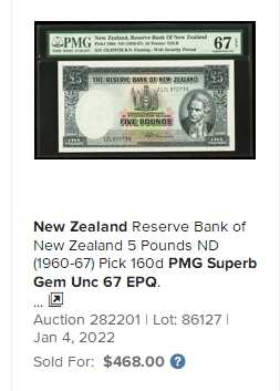 【Blue Auction】✨世界纸币精拍第235期【精】 【冠军分少见】新西兰 1960-67年5镑 PMG67EPQ 库克船长 背面风景唯美