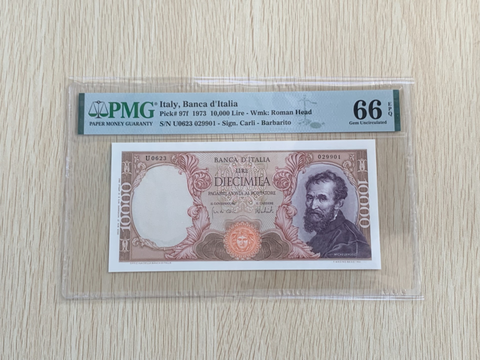【Blue Auction】✨世界纸币精拍第235期【精】 【无47】意大利 1973年10000里拉 PMG66EPQ 米开朗基罗