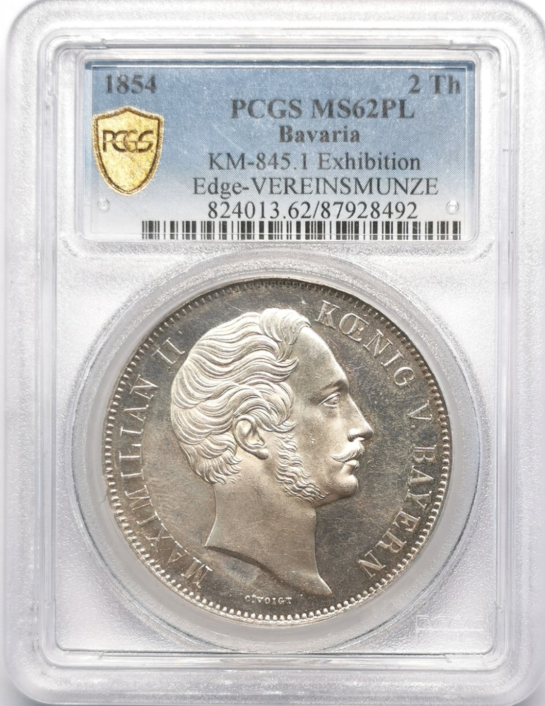 凡希社世界钱币微拍第二百十五期——德奥专场 荐！1854巴伐利亚水晶宫博览会2泰勒大银PCGS-MS62PL类镜面！