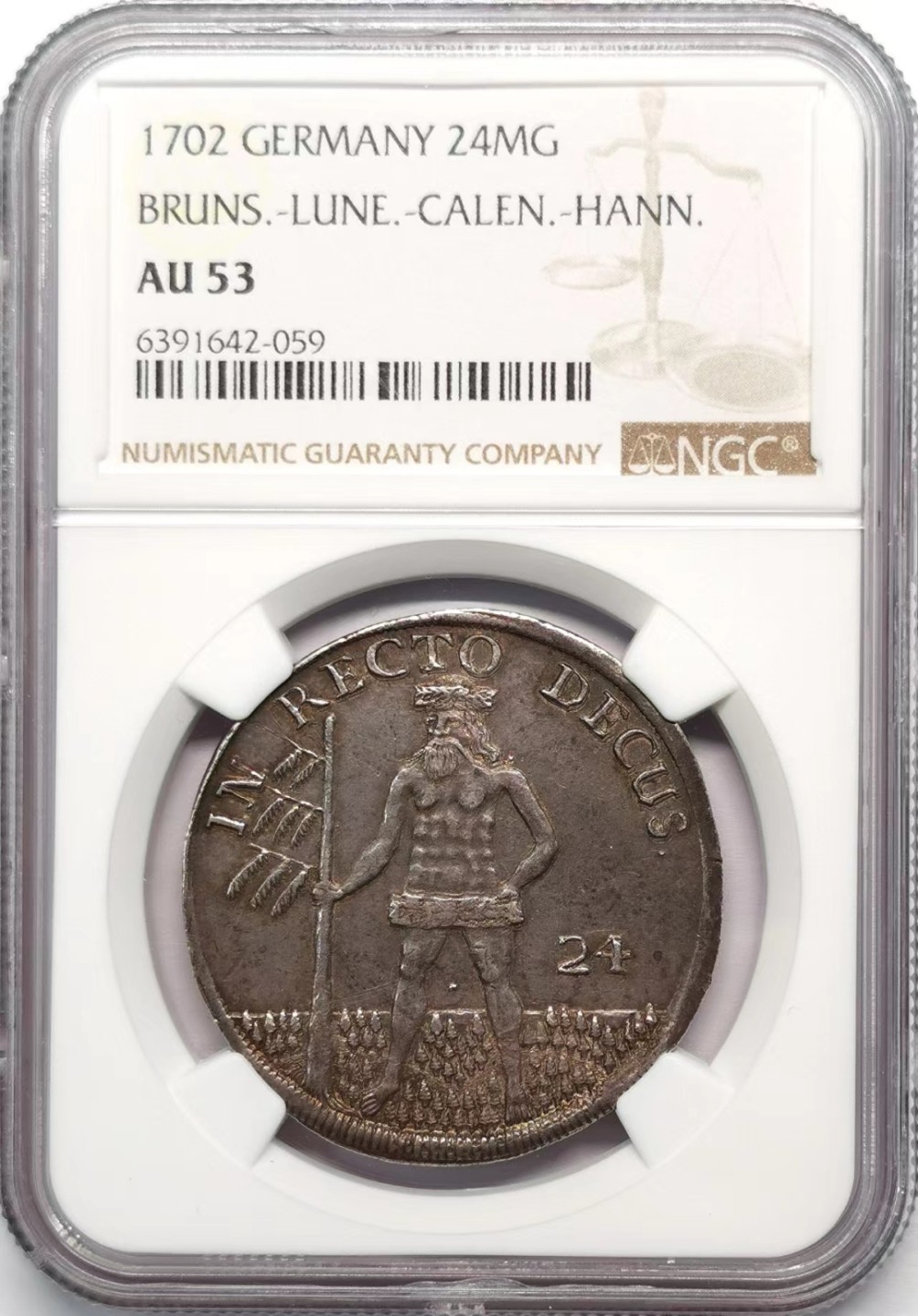 凡希社世界钱币微拍第二百十五期——德奥专场 1702布伦瑞克吕内堡野人24MG银币NGC-AU53黑彩！