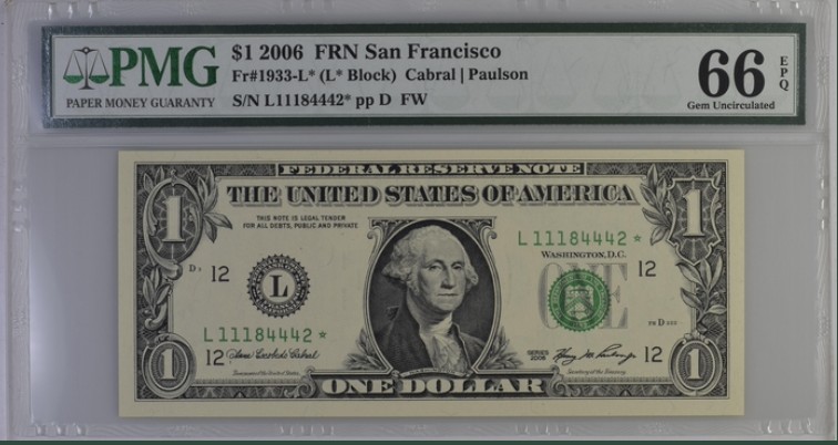 收藏联盟Quantum Auction 第198期拍卖 (已更新) 美国2006年联储券1元星补号 PMG66 号码内含双豹子号