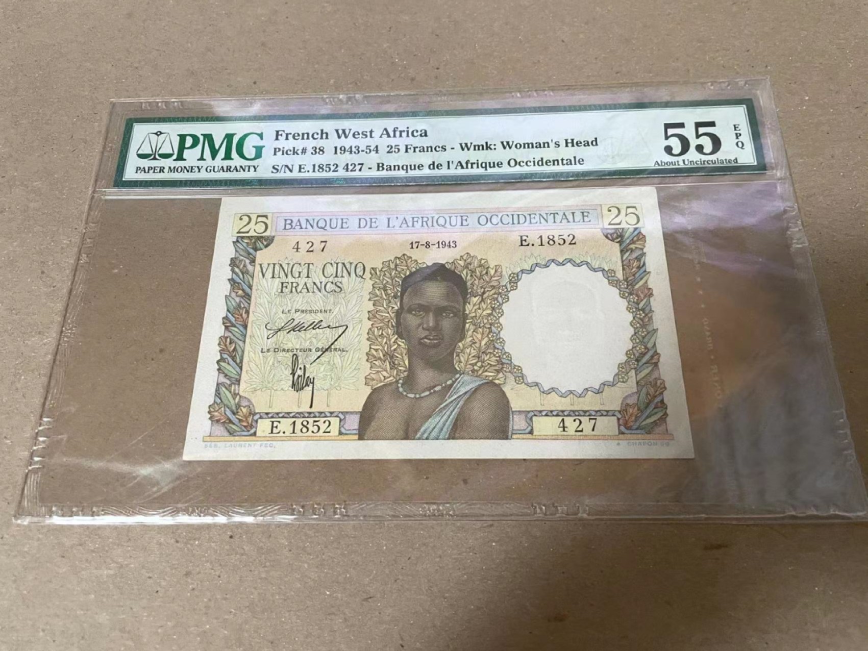 【Blue Auction】✨世界纸币精拍第235期【精】 法属西非 1943-54年25法郎 PMG55EPQ 