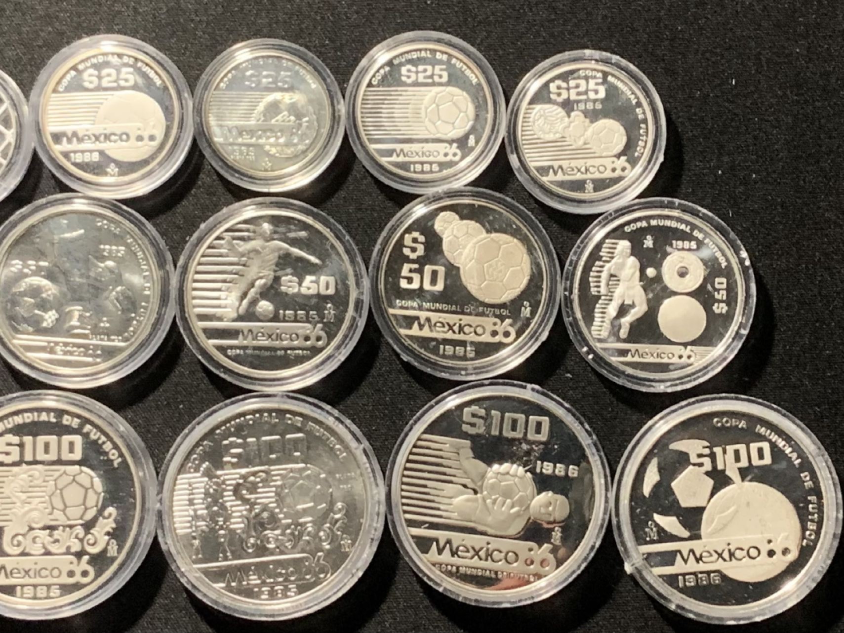 紫瑗钱币——第216期拍卖 墨西哥 1986年 墨西哥世界杯 25-50-100比索 全套15枚全 银币 大全套 少见