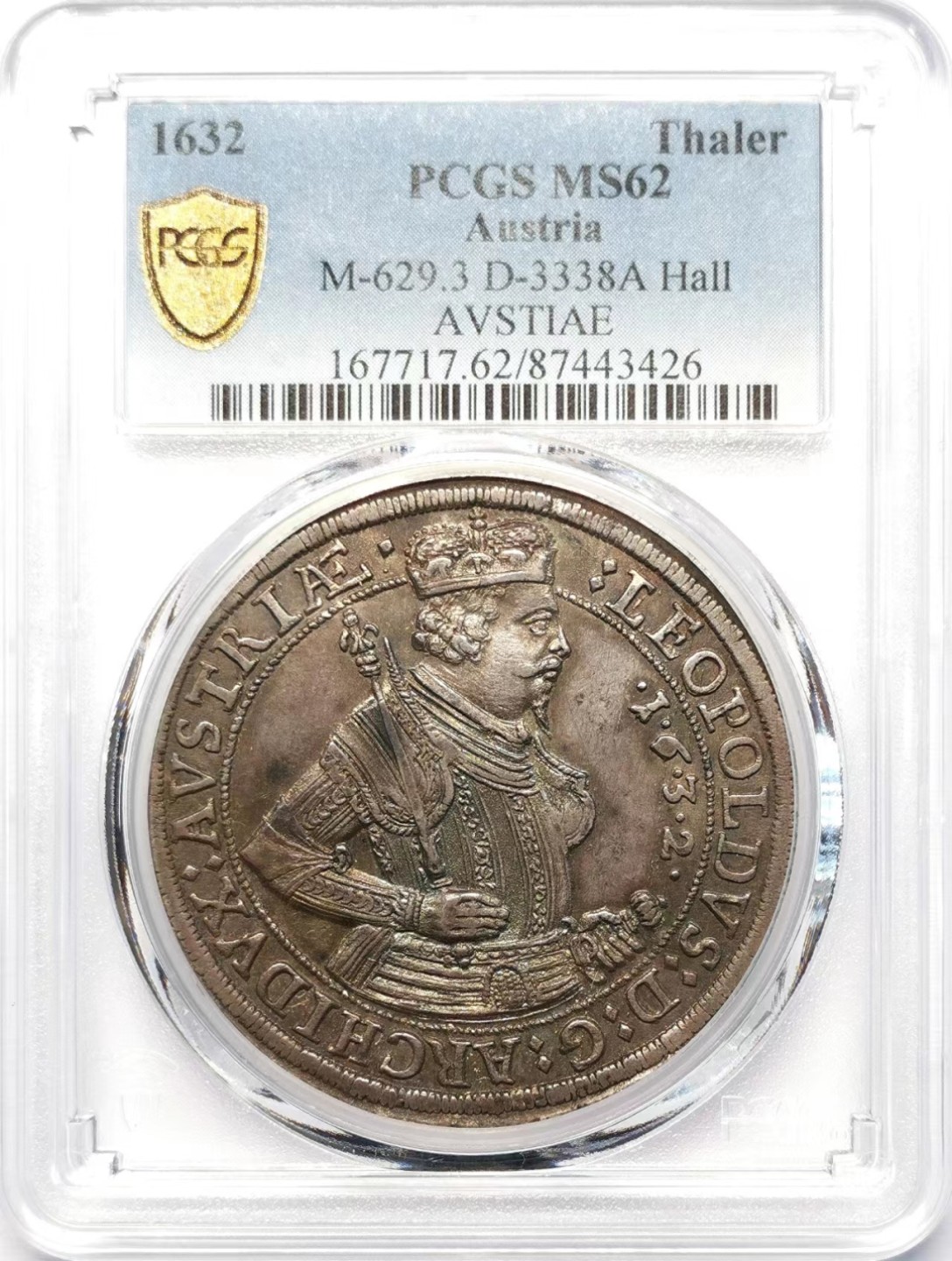 凡希社世界钱币微拍第二百十五期——德奥专场 荐！1632奥地利大公利奥波德王冠权杖版泰勒大银PCGS-MS62压印细节一流！