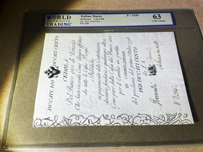 【Blue Auction】✨世界纸币精拍第234期——莫总专场V - 【几个世纪前的印记 带钢戳防伪 超大票幅 错标 实际是100（CENTO）最高面值 2286号实钞】意大利王国 1798年100 杜卡特 WBG严评63 全新品相 非常少见的品种 只找到50杜卡特PMG30NET和10杜卡特低值的参考价