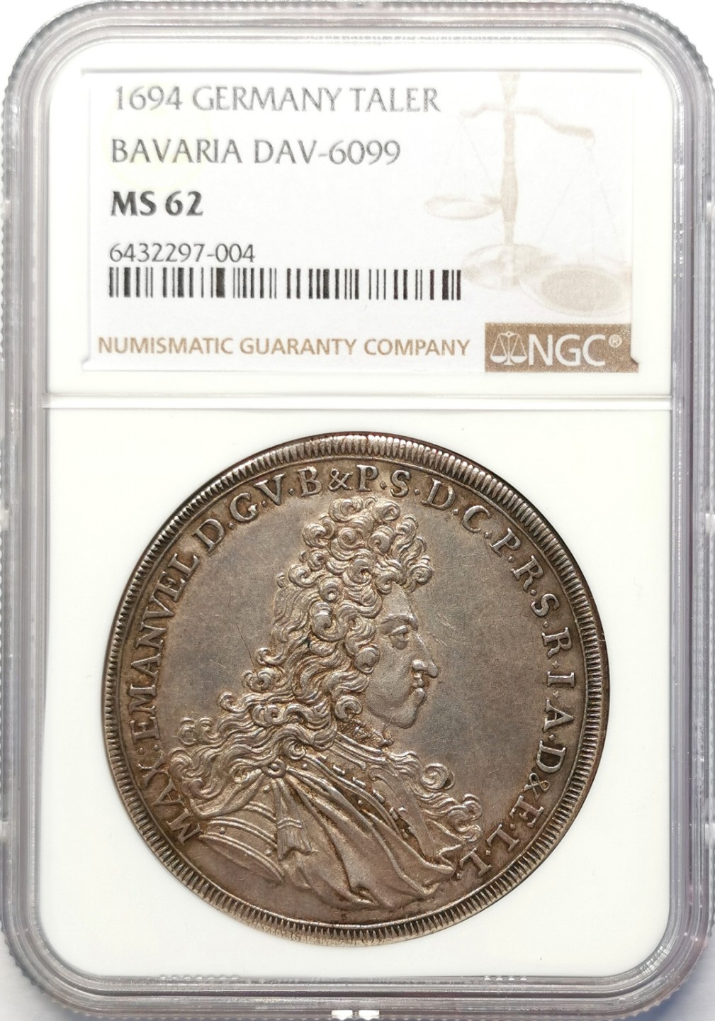 凡希社世界钱币微拍第二百十五期——德奥专场 荐！1694巴伐利亚选侯国马克西米利安二世圣母子泰勒NGC-MS62浅金包浆！