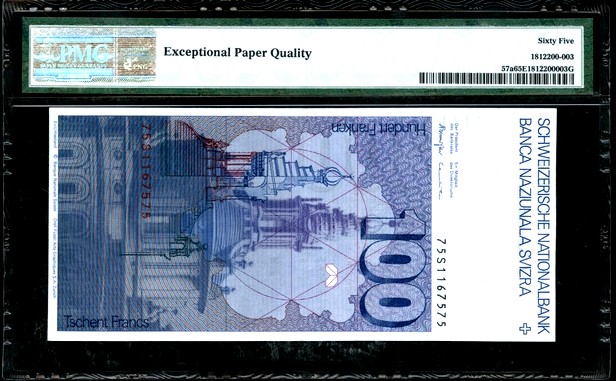 【Blue Auction】✨世界纸币精拍第235期【精】 【初版少见】瑞士 1975年100法郎 p57a PMG65EPQ 绝品 