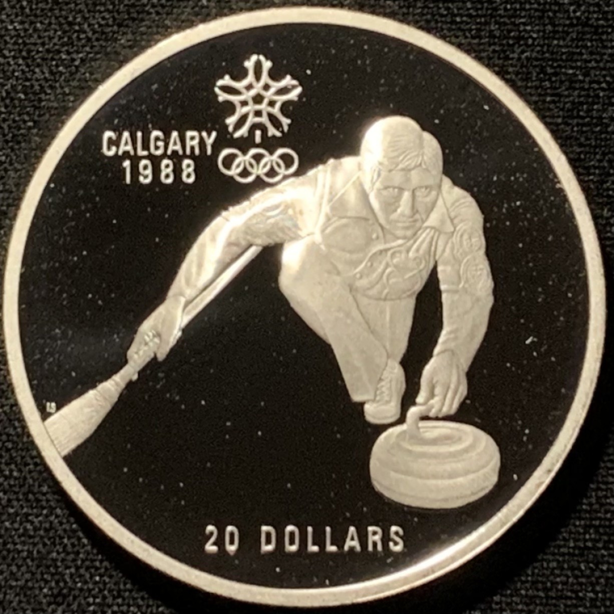 紫瑗钱币——第216期拍卖 加拿大 1987年 卡尔加里冬奥会 冰壶 20元 34.1克 0.925银 精制