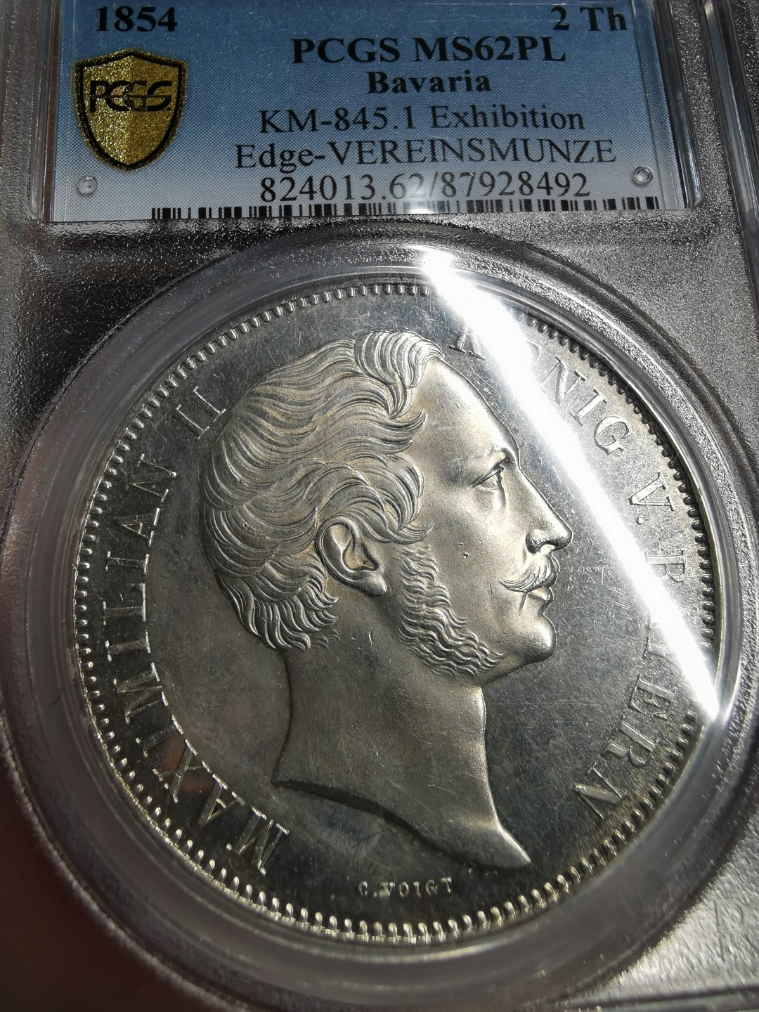 凡希社世界钱币微拍第二百十五期——德奥专场 荐！1854巴伐利亚水晶宫博览会2泰勒大银PCGS-MS62PL类镜面！