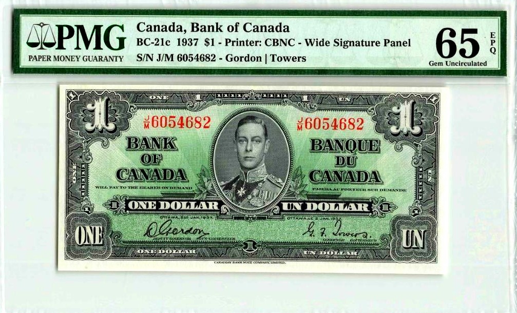 【Blue Auction】✨世界纸币精拍第235期【精】 加拿大 1937年1元 PMG65EPQ 绝品 英王乔治 双面雕刻精美