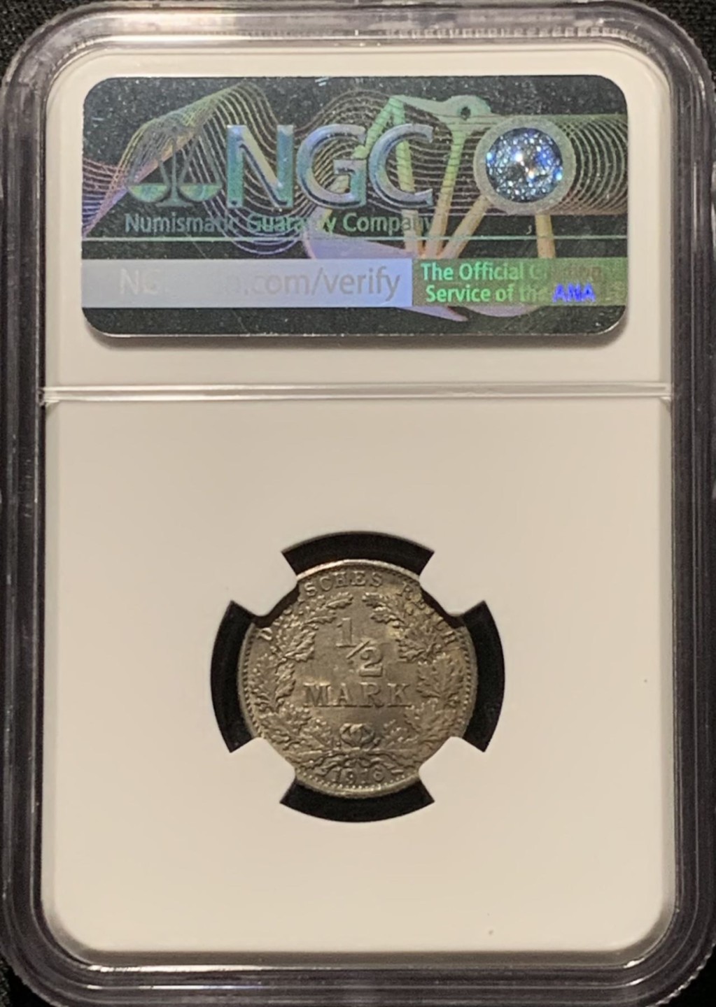 紫瑗钱币——第216期拍卖 德国 1916年 G版 第二帝国 1/2马克 银币 NGC MS62 五彩包浆