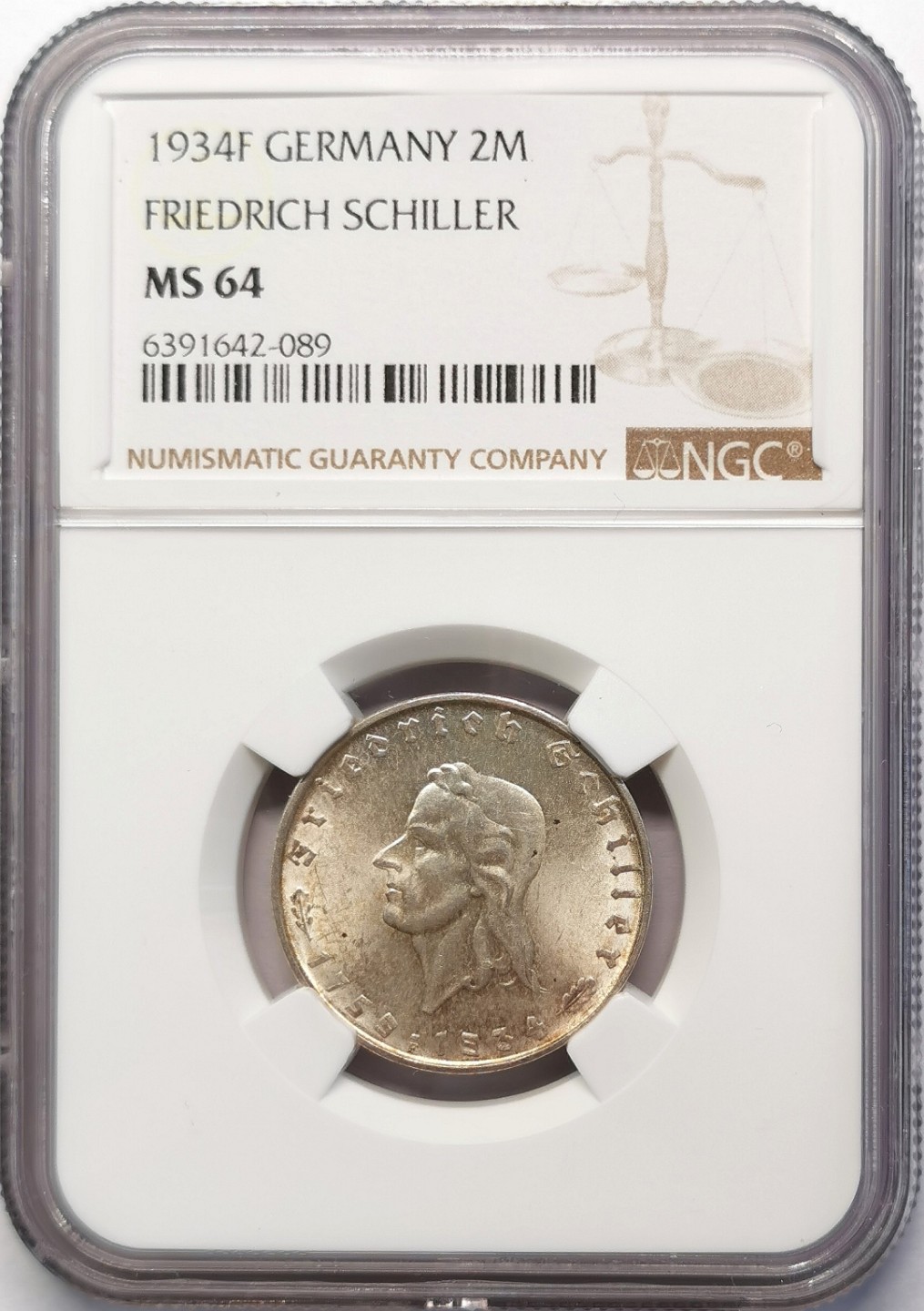 凡希社世界钱币微拍第二百十五期——德奥专场 1934德国席勒2马克银币NGC-MS64光泽柔美！