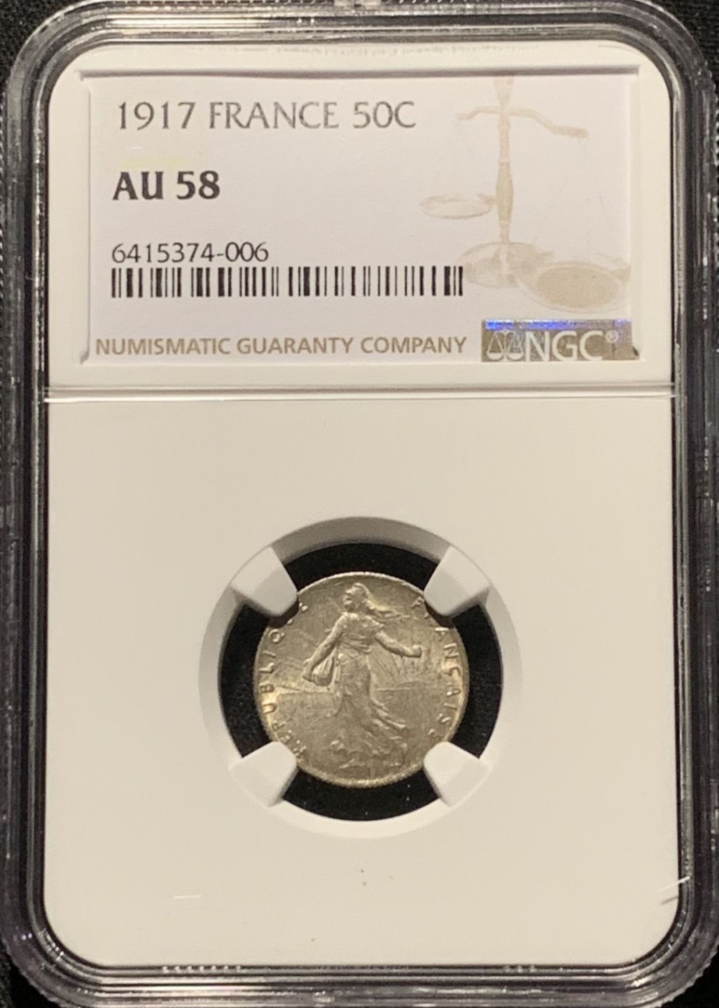 紫瑗钱币——第216期拍卖 法国 1917年 播种女神 50分 银币 NGC AU58