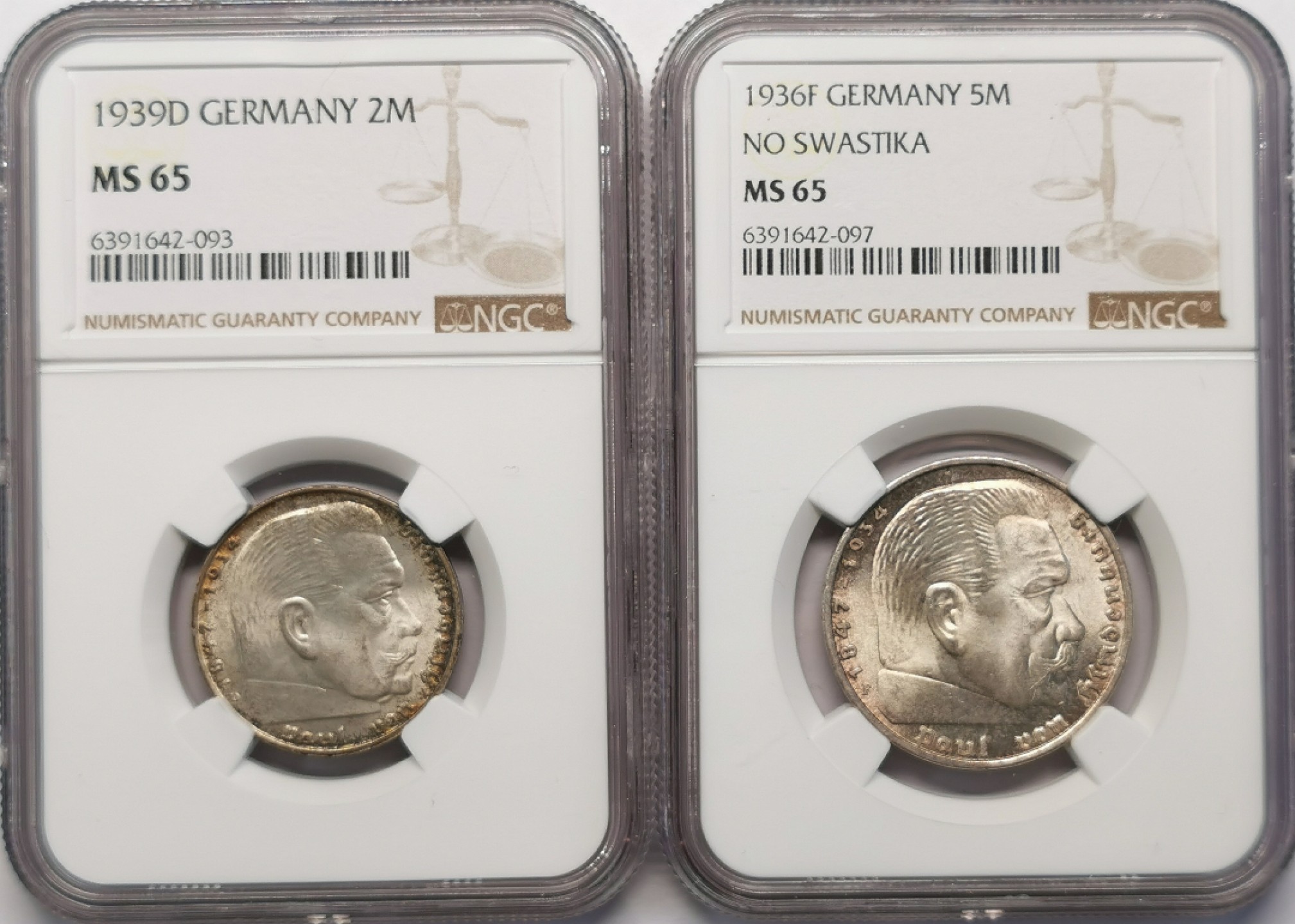 凡希社世界钱币微拍第二百十五期——德奥专场 德国兴登堡2/5马克银币一对NGC-MS65两个版高分！