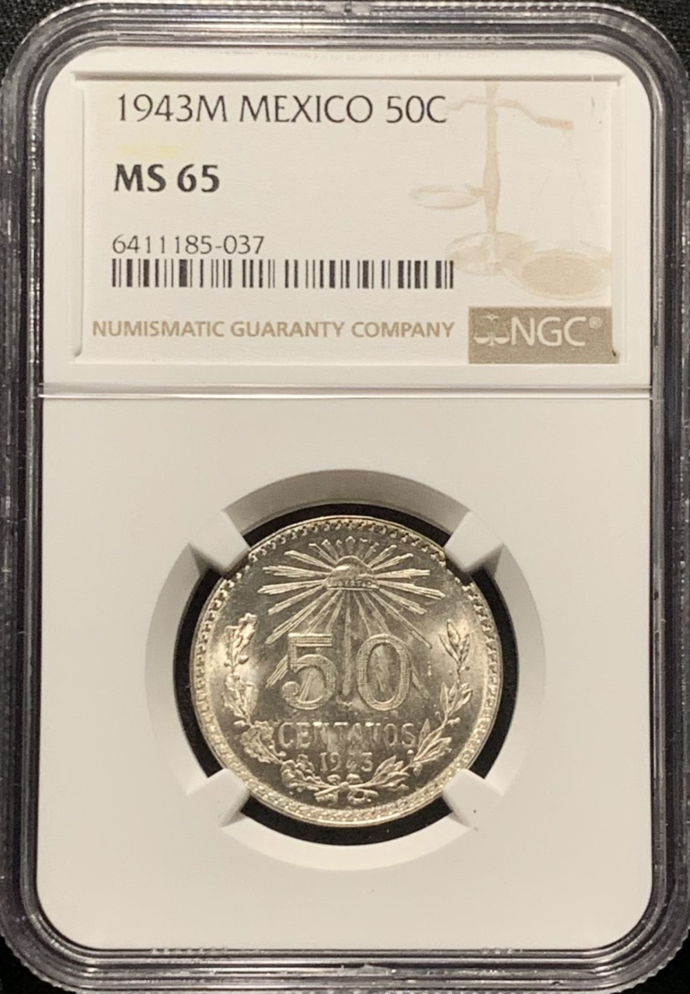 紫瑗钱币——第216期拍卖 墨西哥 1943年 M版 鹰洋 50分 银币 NGC MS65