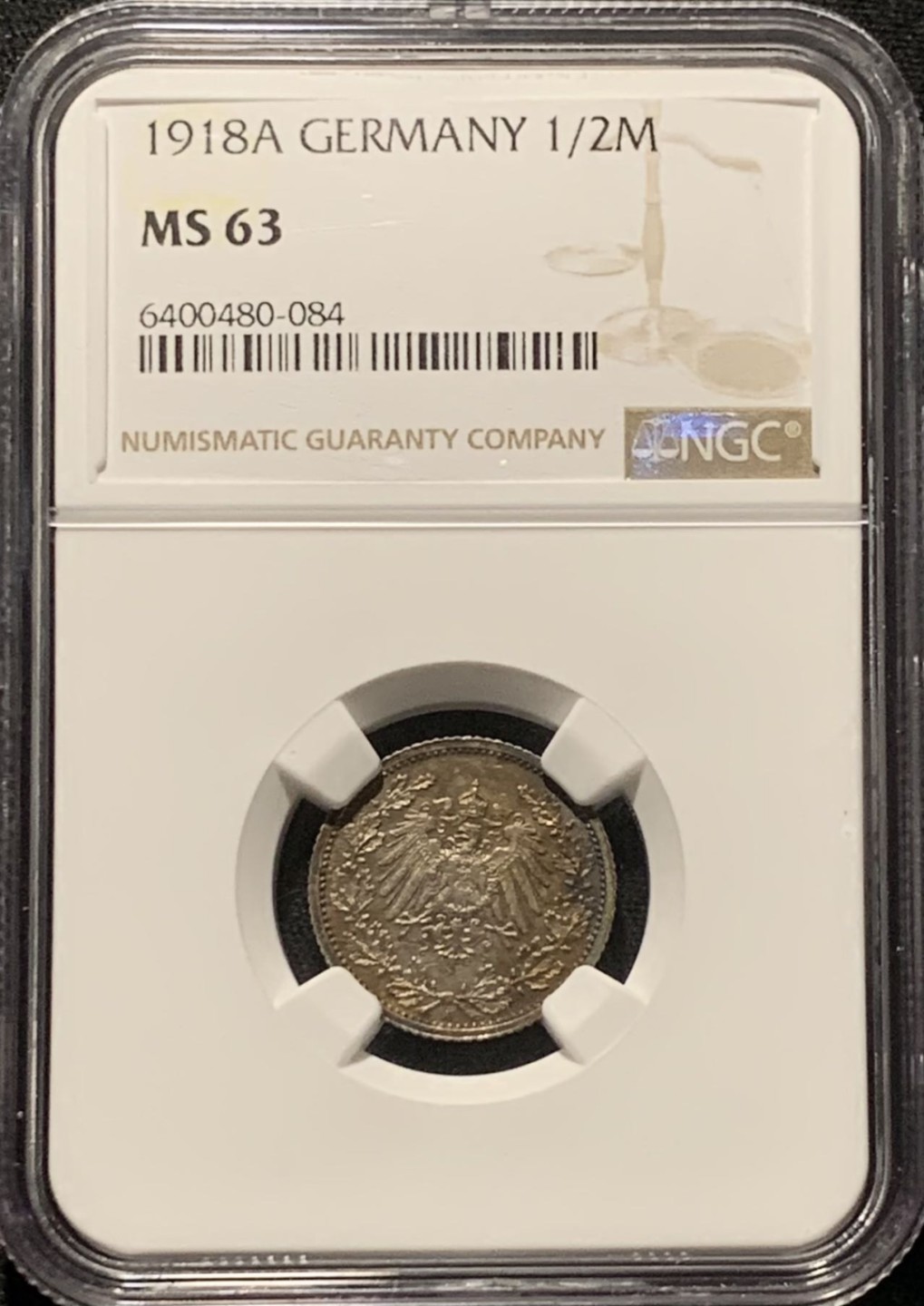 紫瑗钱币——第216期拍卖 德国 1918年 A版 第二帝国 1/2马克 银币 NGC MS63 五彩包浆