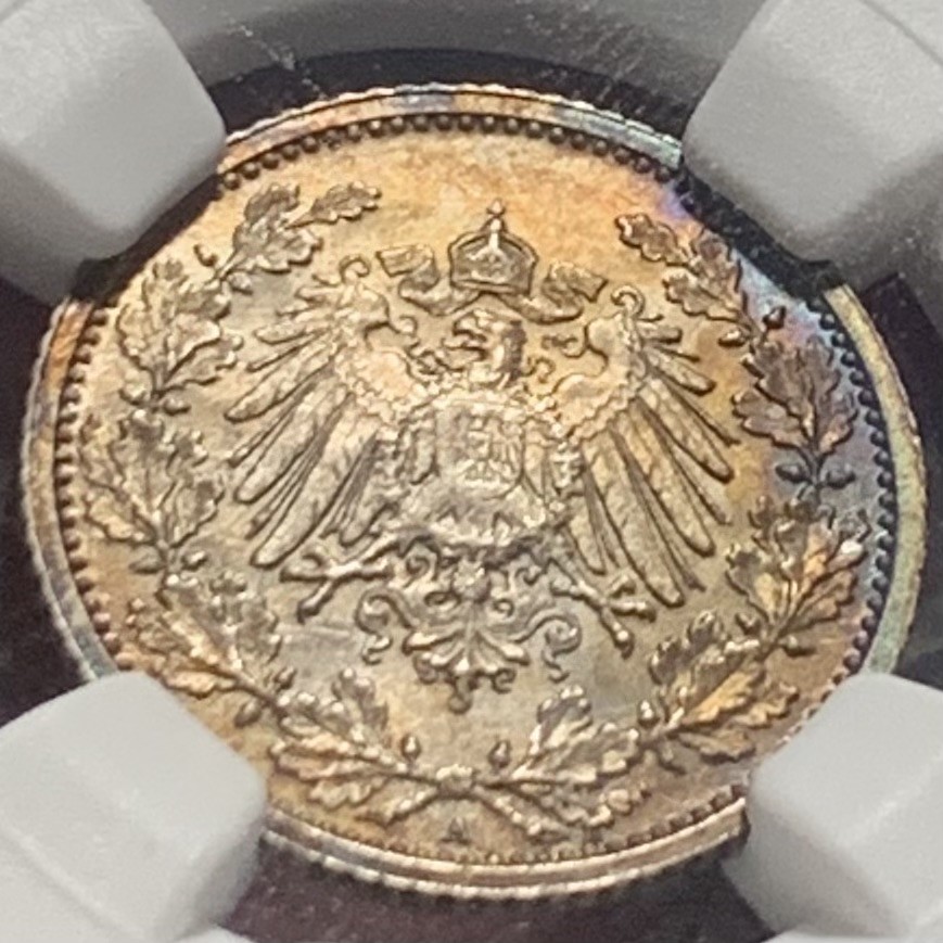 紫瑗钱币——第216期拍卖 德国 1918年 A版 第二帝国 1/2马克 银币 NGC MS63 五彩包浆