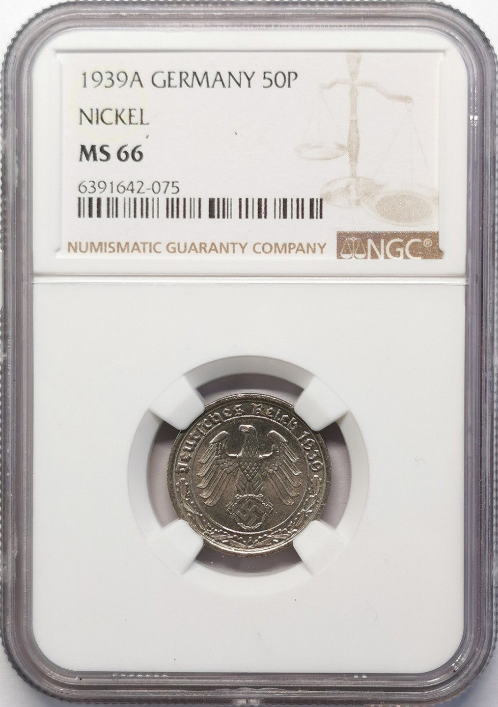 凡希社世界钱币微拍第二百十五期——德奥专场 1939德国50芬尼纯镍币NGC-MS66