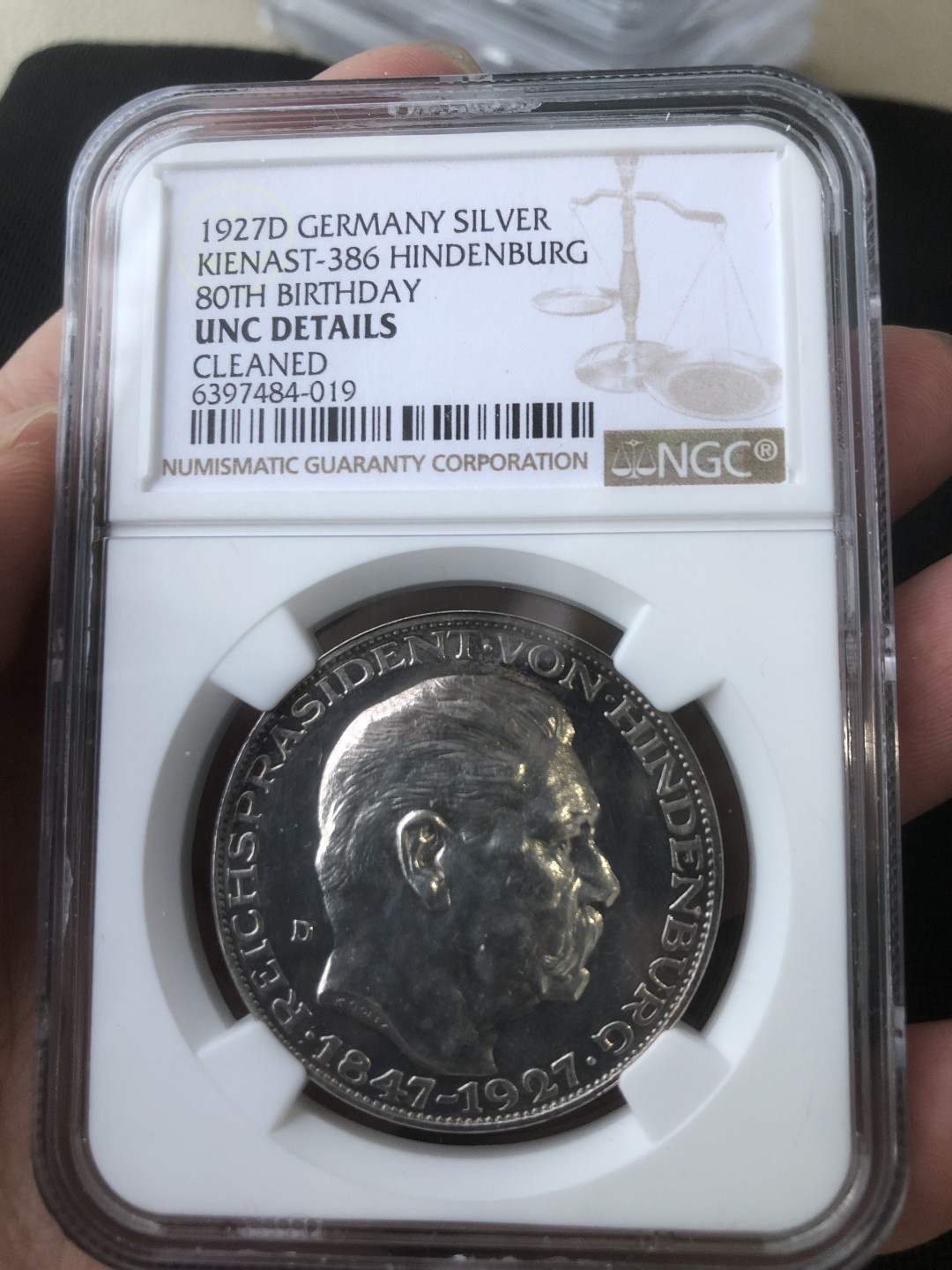 【保诚微拍】第36期  古今中外币章（部分评级）14号晚上七点半自动开拍！！！ 【NGC UNC】1927年德国兴登堡元帅五马克纪念银币  纪念章 银章