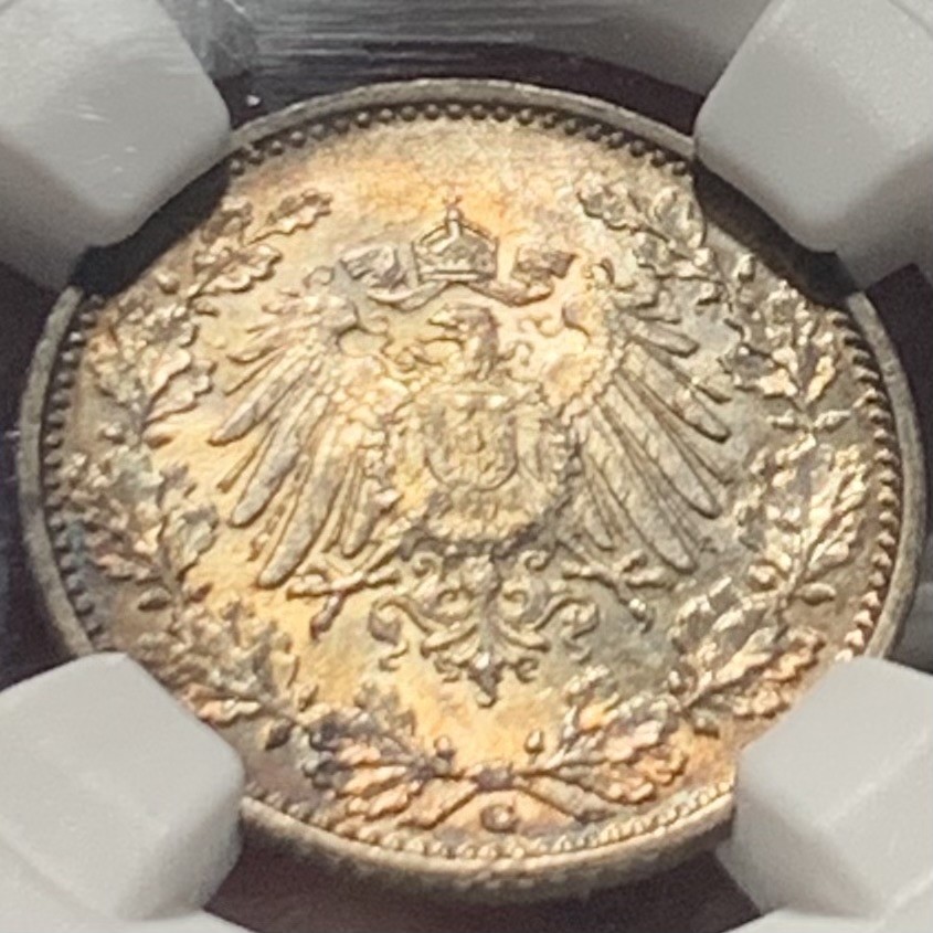 紫瑗钱币——第216期拍卖 德国 1916年 G版 第二帝国 1/2马克 银币 NGC MS62 五彩包浆