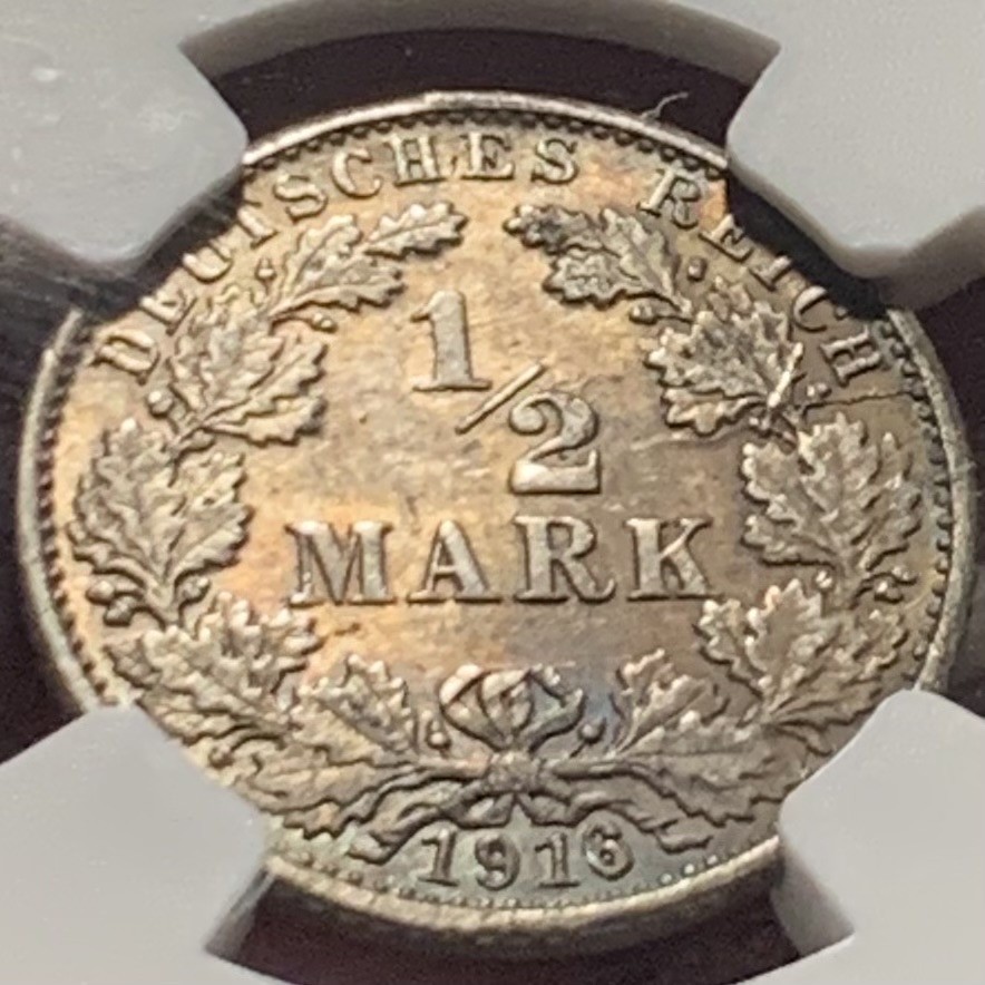 紫瑗钱币——第216期拍卖 德国 1916年 G版 第二帝国 1/2马克 银币 NGC MS62 五彩包浆