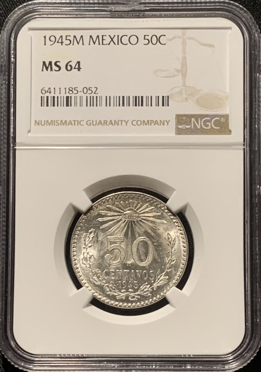 紫瑗钱币——第216期拍卖 墨西哥 1945年 M版 鹰洋 50分 银币 NGC MS64