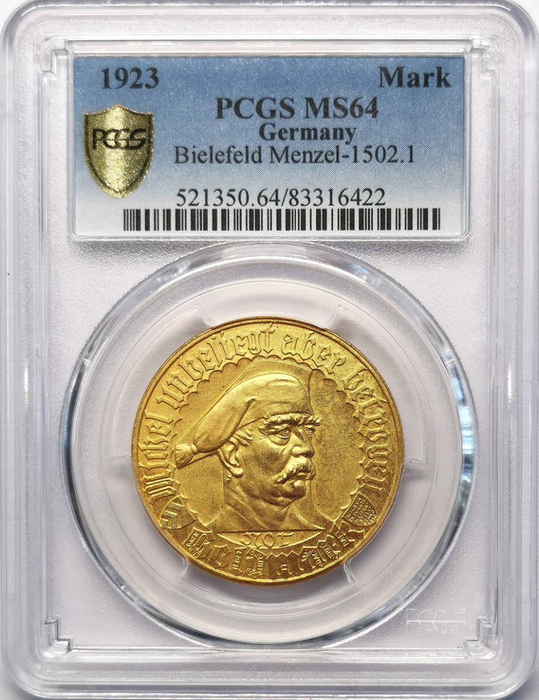 凡希社世界钱币微拍第二百十五期——德奥专场 1923比勒菲尔德镀金马克PCGS-MS64附原包装纸！