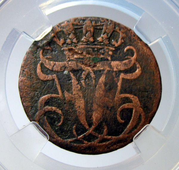 丹麦铜币,1755弗雷德里克五世,半斯基林20.5mm3.2g,少见币,目录价XF 210美元,自打标签盒子R5116BX1x