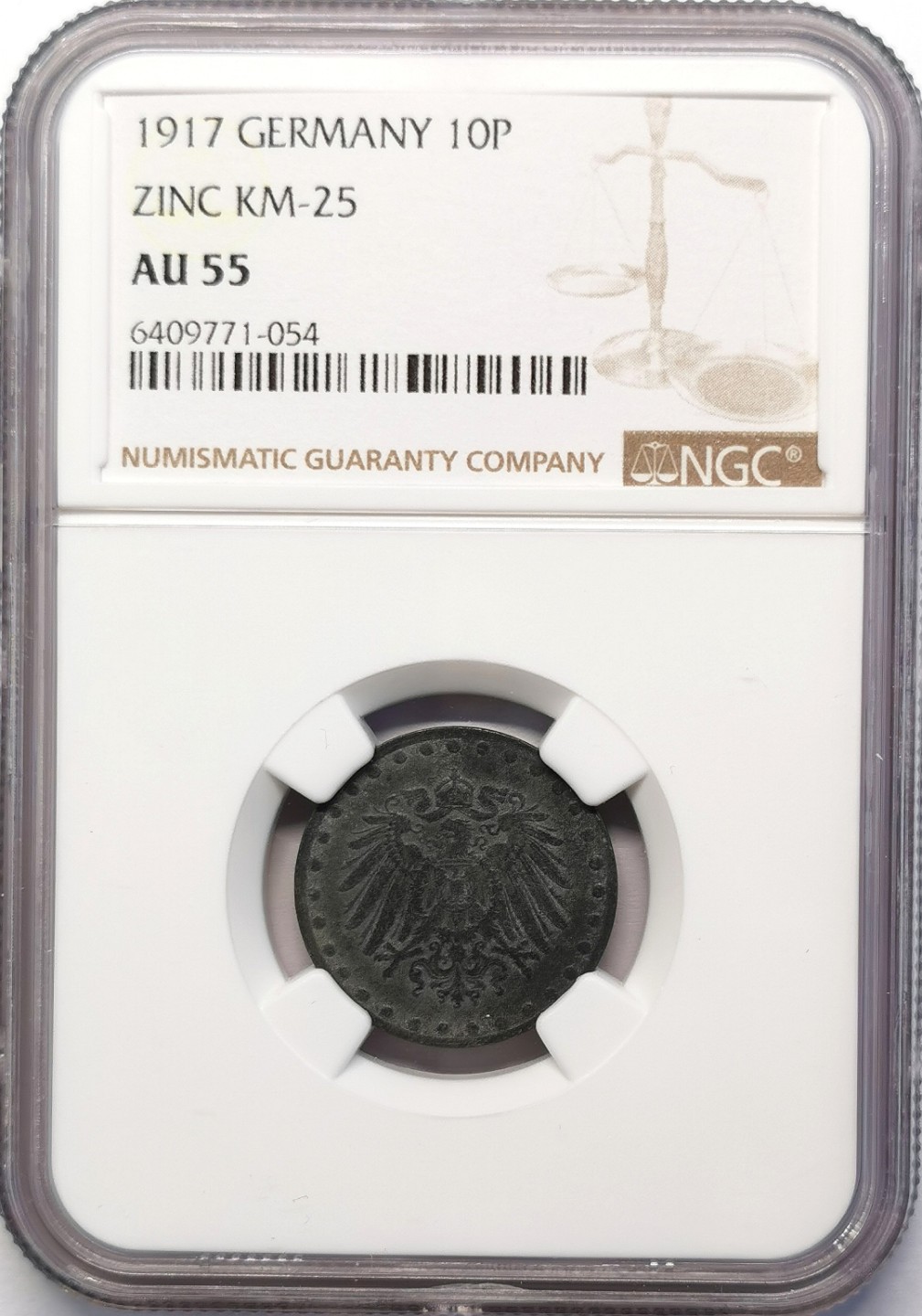 凡希社世界钱币微拍第二百十五期——德奥专场 荐！1917德国圆珠版10芬尼锌币NGC-AU55稀有品种入盒仅此一枚！