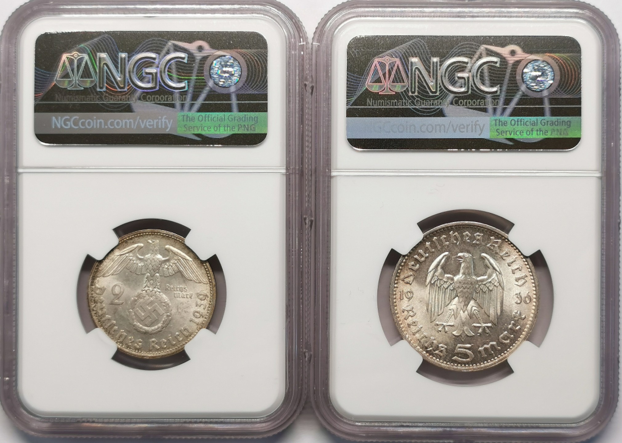 凡希社世界钱币微拍第二百十五期——德奥专场 德国兴登堡2/5马克银币一对NGC-MS65两个版高分！