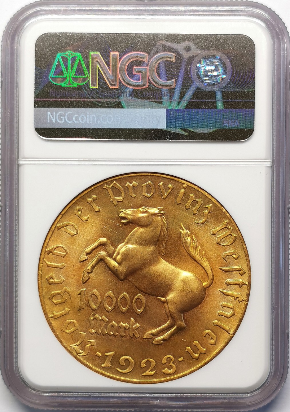 凡希社世界钱币微拍第二百十五期——德奥专场 1923威斯特伐利亚马币10000马克镀金币NGC-MS65附原盒证书！