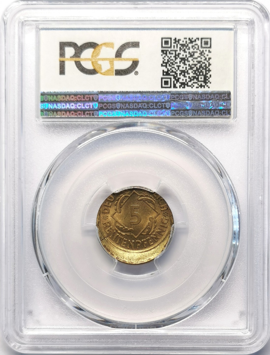 凡希社世界钱币微拍第二百十五期——德奥专场 1924魏玛5芬尼黄铜币PCGS-MS64移位错版！