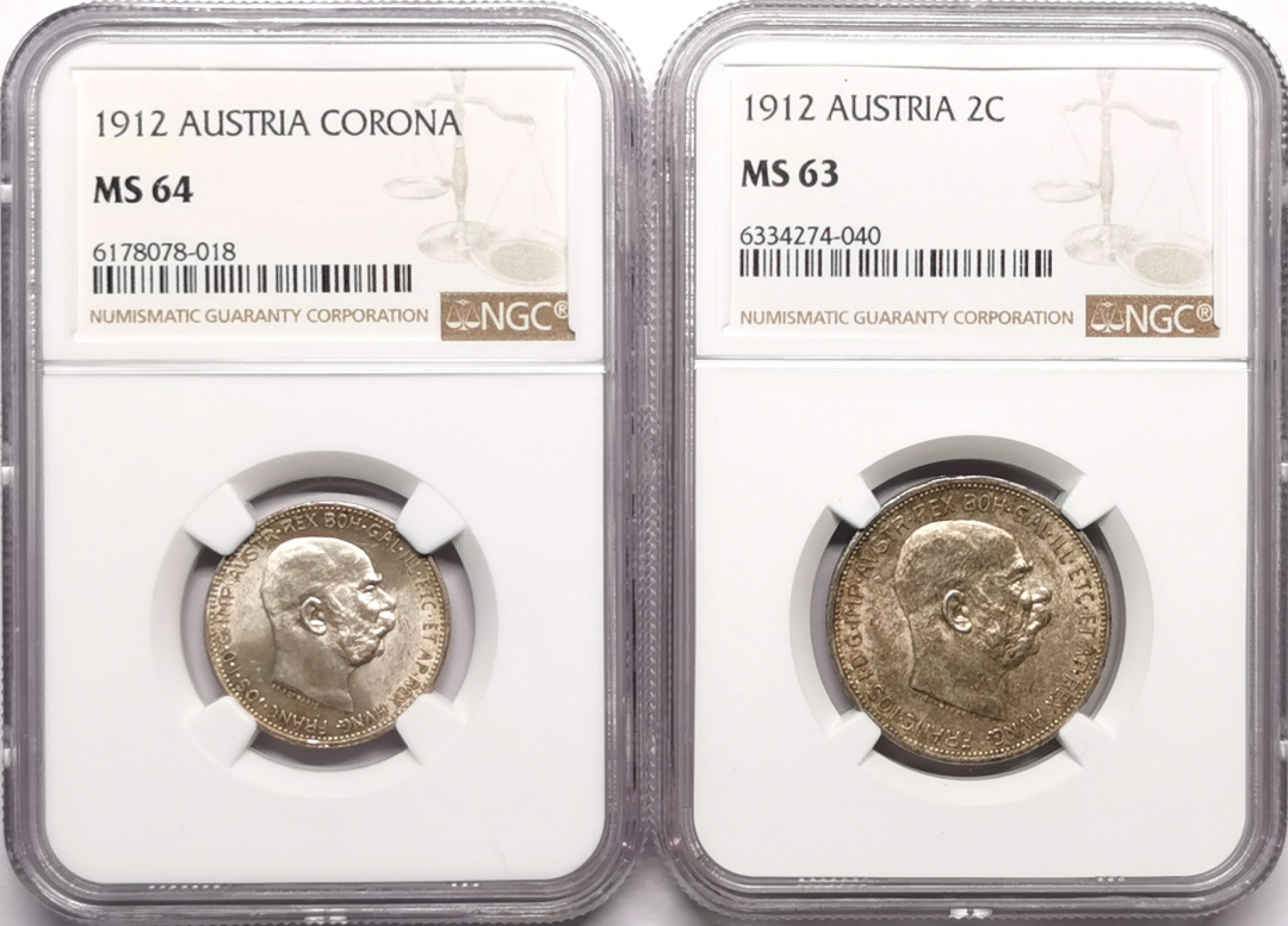 凡希社世界钱币微拍第二百十五期——德奥专场 1912奥地利1C/2C银币一对NGC-MS63/64