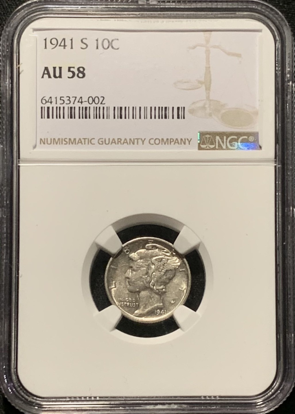 紫瑗钱币——第216期拍卖 美国 1941年 S版 墨丘比利 小飞侠 10美分 银币 NGC AU58