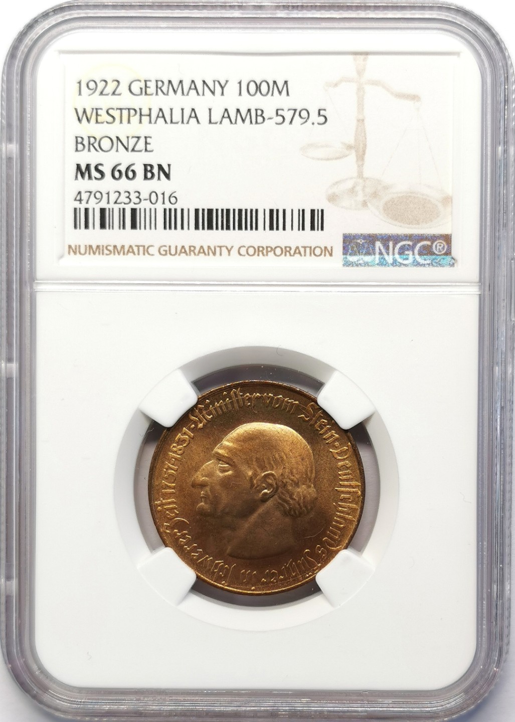 凡希社世界钱币微拍第二百十五期——德奥专场 1922威斯特伐利亚马币100马克NGC-MS66